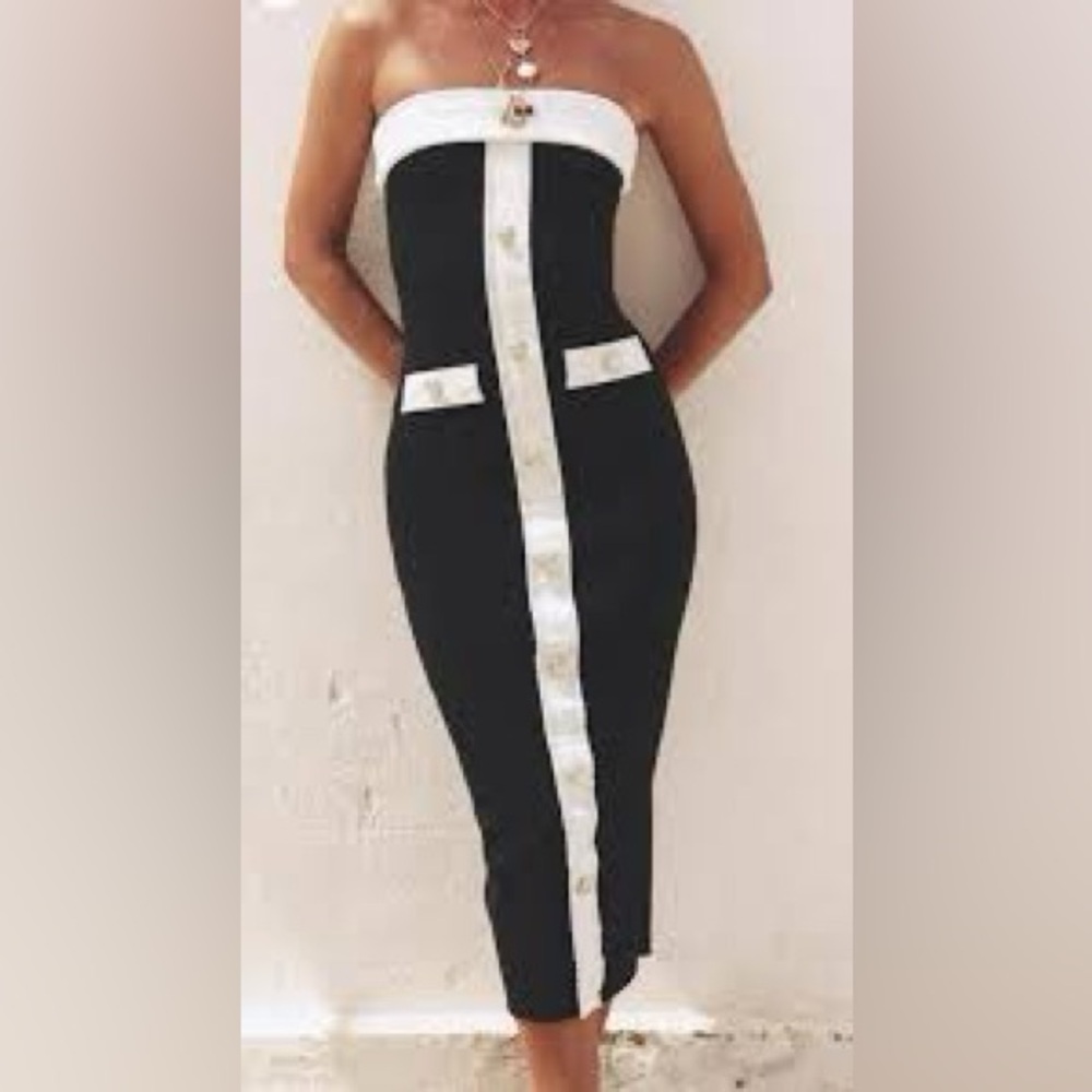 Zara Black Strapless Midi Bandeau Dress with White Center Trim, Small